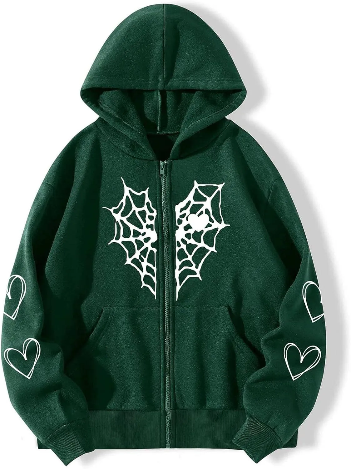 Women Y2K Spider Web Love Heart Hoodies Punk Jacket Coat Streetwear Goth Harajuku Oversized Zip Up Hooded Sweatshirt