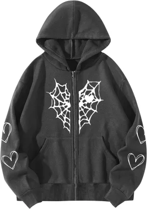 Women Y2K Spider Web Love Heart Hoodies Punk Jacket Coat Streetwear Goth Harajuku Oversized Zip Up Hooded Sweatshirt