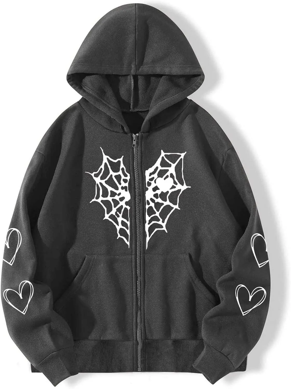 Women Y2K Spider Web Love Heart Hoodies Punk Jacket Coat Streetwear Goth Harajuku Oversized Zip Up Hooded Sweatshirt