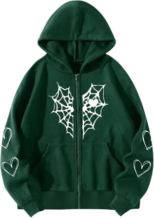 Women Y2K Spider Web Love Heart Hoodies Punk Jacket Coat Streetwear Goth Harajuku Oversized Zip Up Hooded Sweatshirt