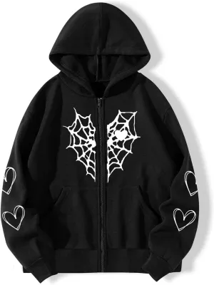 Women Y2K Spider Web Love Heart Hoodies Punk Jacket Coat Streetwear Goth Harajuku Oversized Zip Up Hooded Sweatshirt