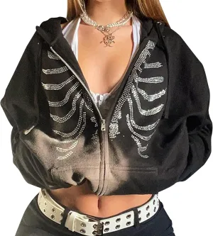 Women Zip Up Hoodie Casual Long Sleeve Y2K Vintage Graphic Aesthetic Sweatshirts Top E-Girl 90s Streetwear Jacket