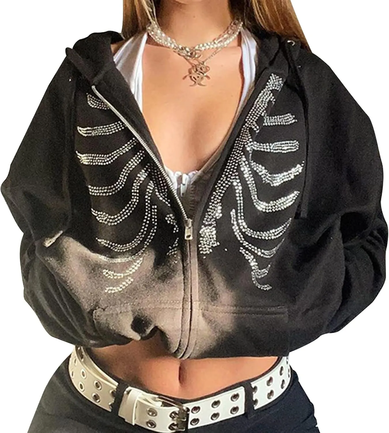Women Zip Up Hoodie Casual Long Sleeve Y2K Vintage Graphic Aesthetic Sweatshirts Top E-Girl 90s Streetwear Jacket