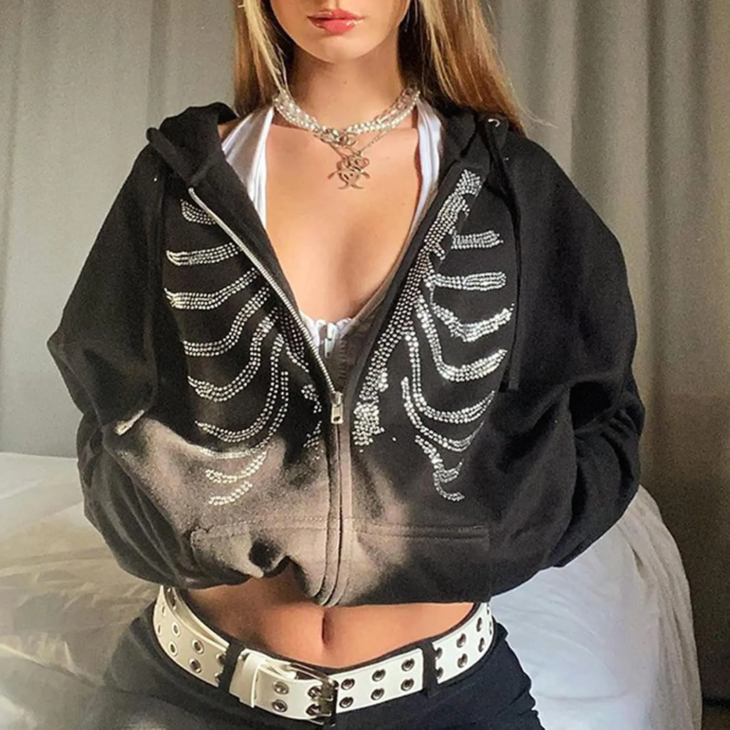 Women Zip Up Hoodie Casual Long Sleeve Y2K Vintage Graphic Aesthetic Sweatshirts Top E-Girl 90s Streetwear Jacket