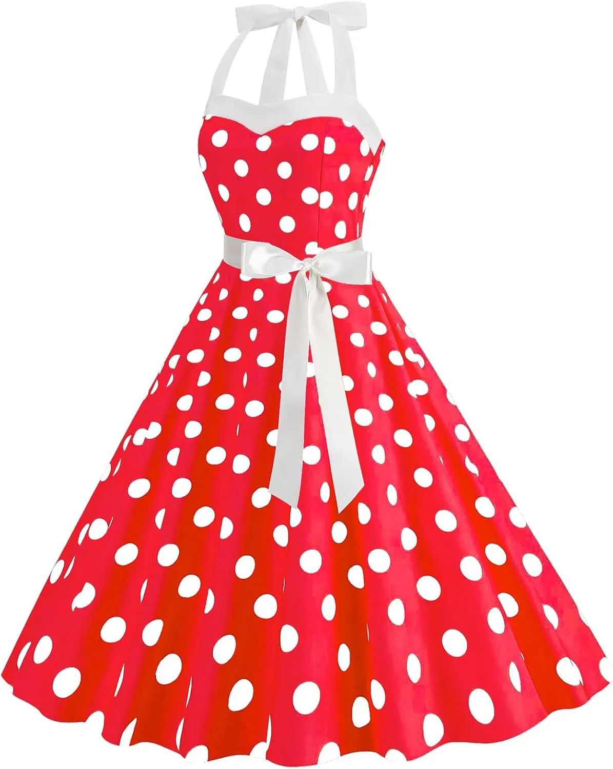 Women's 1950s Polka Dot Swing Dress Halter Neck Vintage Rockabilly A-Line Cocktail Party Dresses with Bow