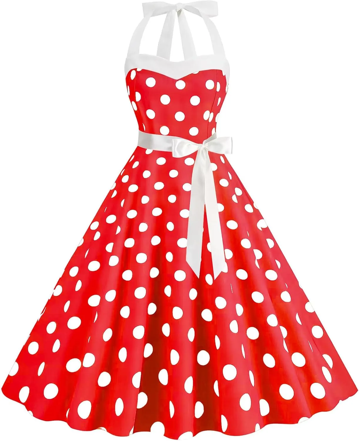 Women's 1950s Polka Dot Swing Dress Halter Neck Vintage Rockabilly A-Line Cocktail Party Dresses with Bow