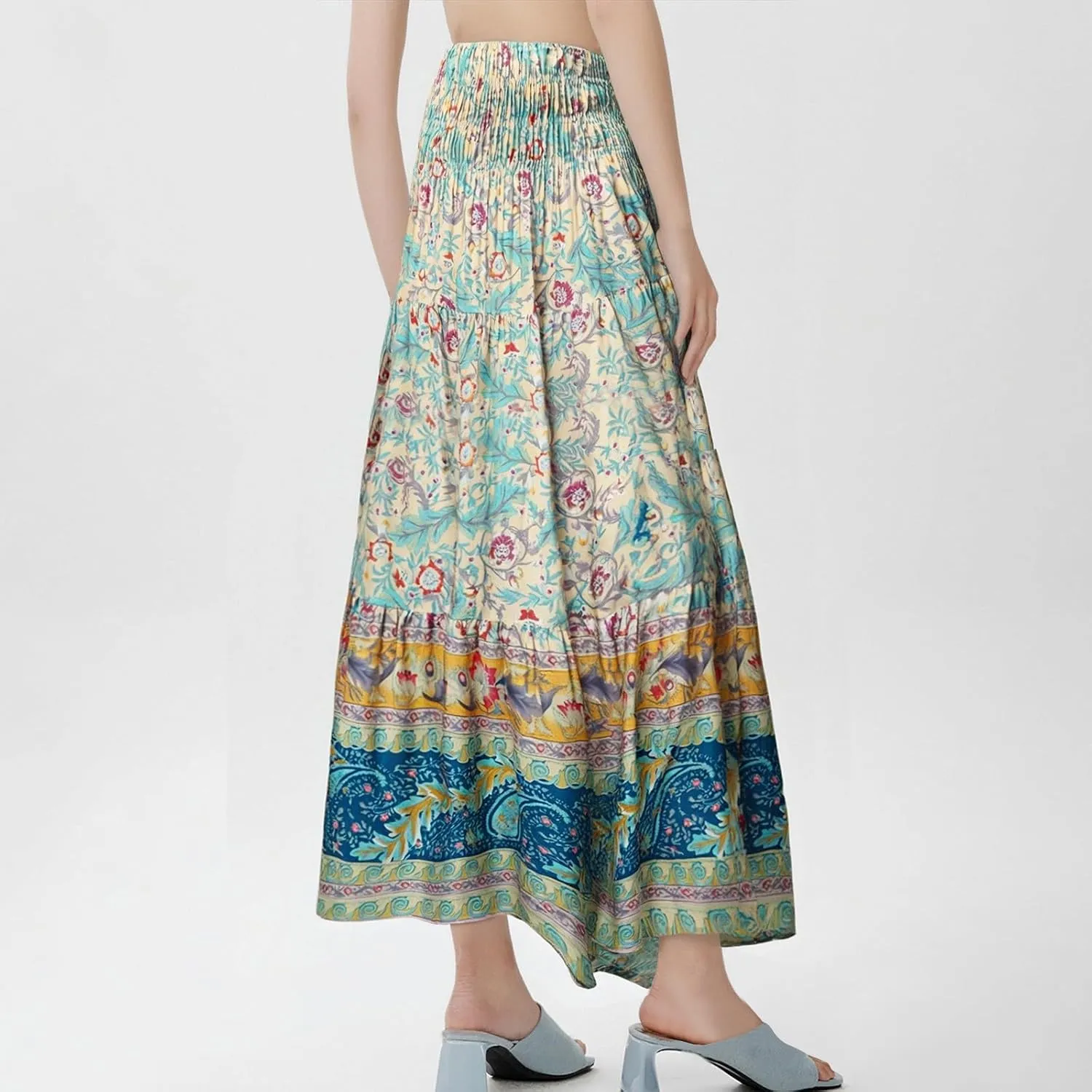 Women's 2025 Summer Bohemian Floral Printed Stretch Waist Tiered Pleated Swing Maxi Skirt with Pockets, S-2XL