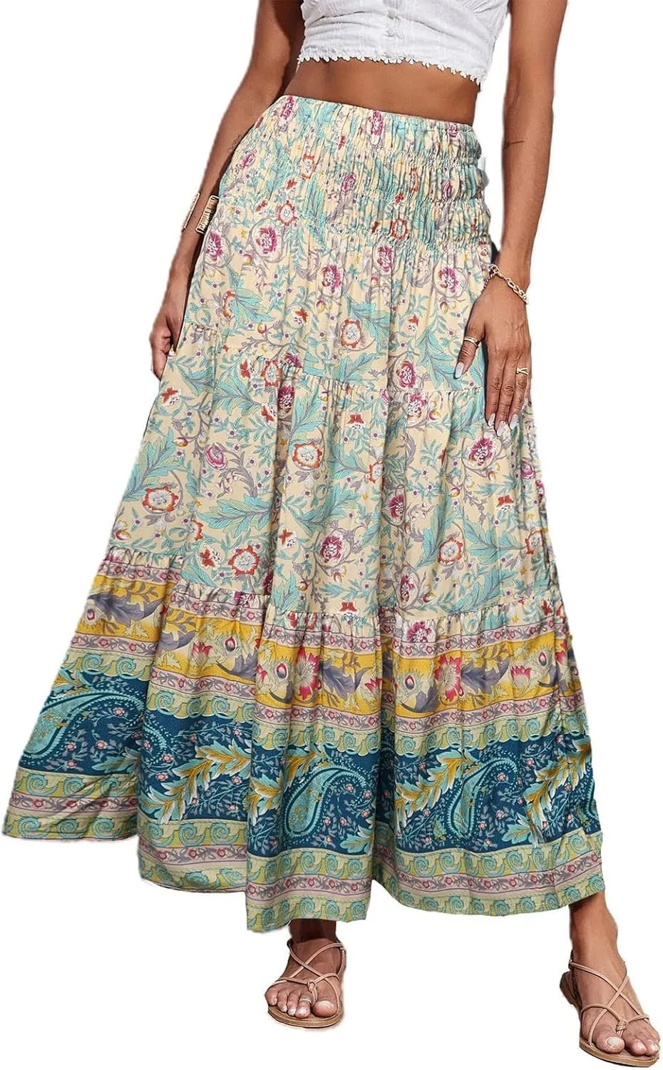 Women's 2025 Summer Bohemian Floral Printed Stretch Waist Tiered Pleated Swing Maxi Skirt with Pockets, S-2XL