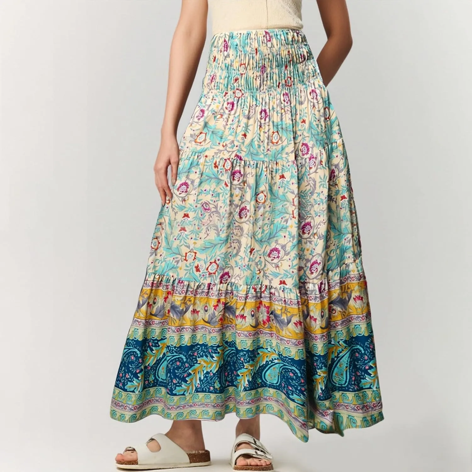 Women's 2025 Summer Bohemian Floral Printed Stretch Waist Tiered Pleated Swing Maxi Skirt with Pockets, S-2XL