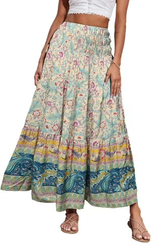 Women's 2025 Summer Bohemian Floral Printed Stretch Waist Tiered Pleated Swing Maxi Skirt with Pockets, S-2XL