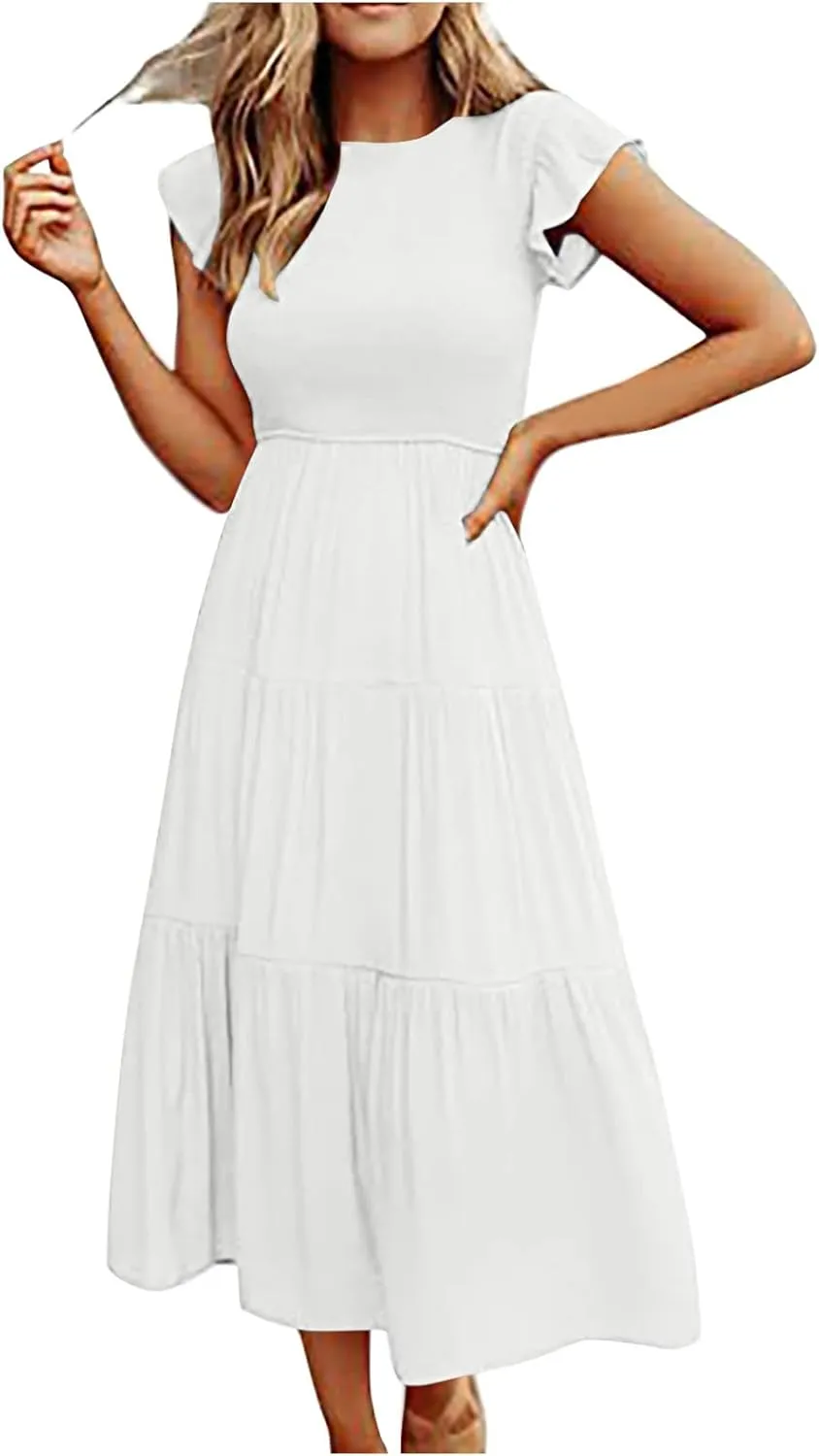 Women's 2025 Summer Boho Dress Crewneck Ruffle Sleeve Beach Vacation Midi Dresses Solid Flowy Sundress Cruise Clothes