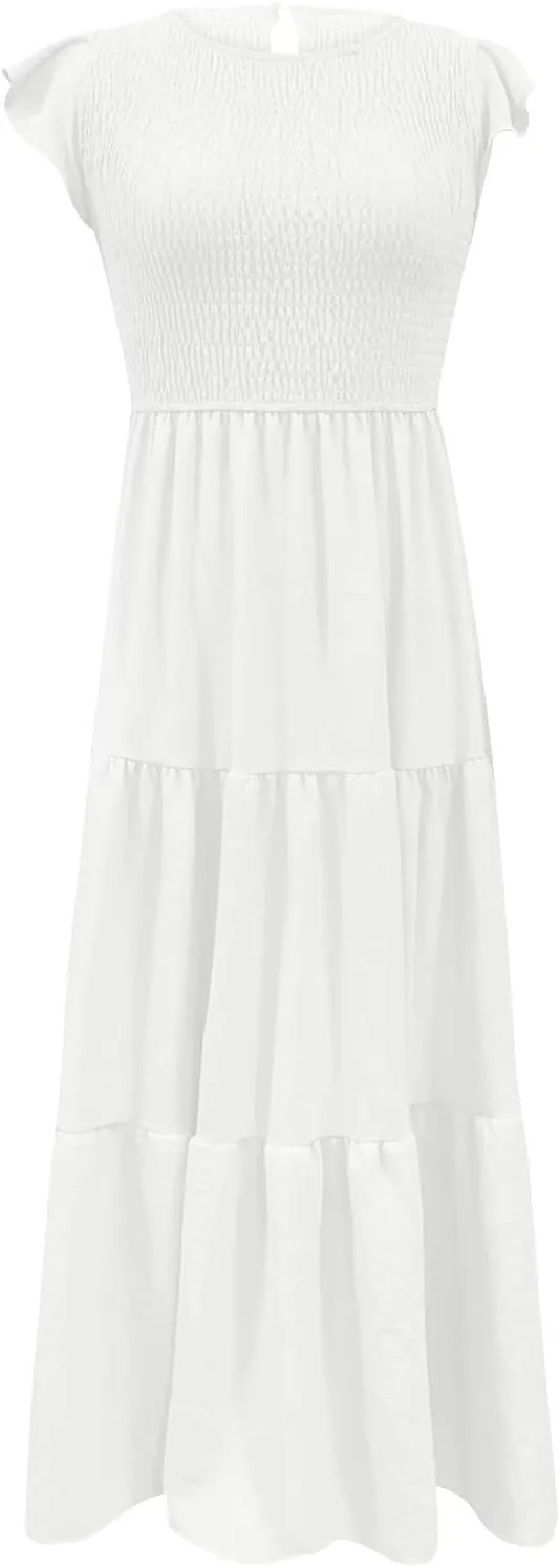 Women's 2025 Summer Boho Dress Crewneck Ruffle Sleeve Beach Vacation Midi Dresses Solid Flowy Sundress Cruise Clothes