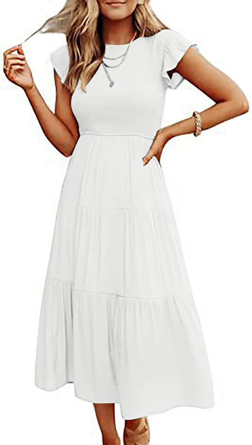 Women's 2025 Summer Boho Dress Crewneck Ruffle Sleeve Beach Vacation Midi Dresses Solid Flowy Sundress Cruise Clothes