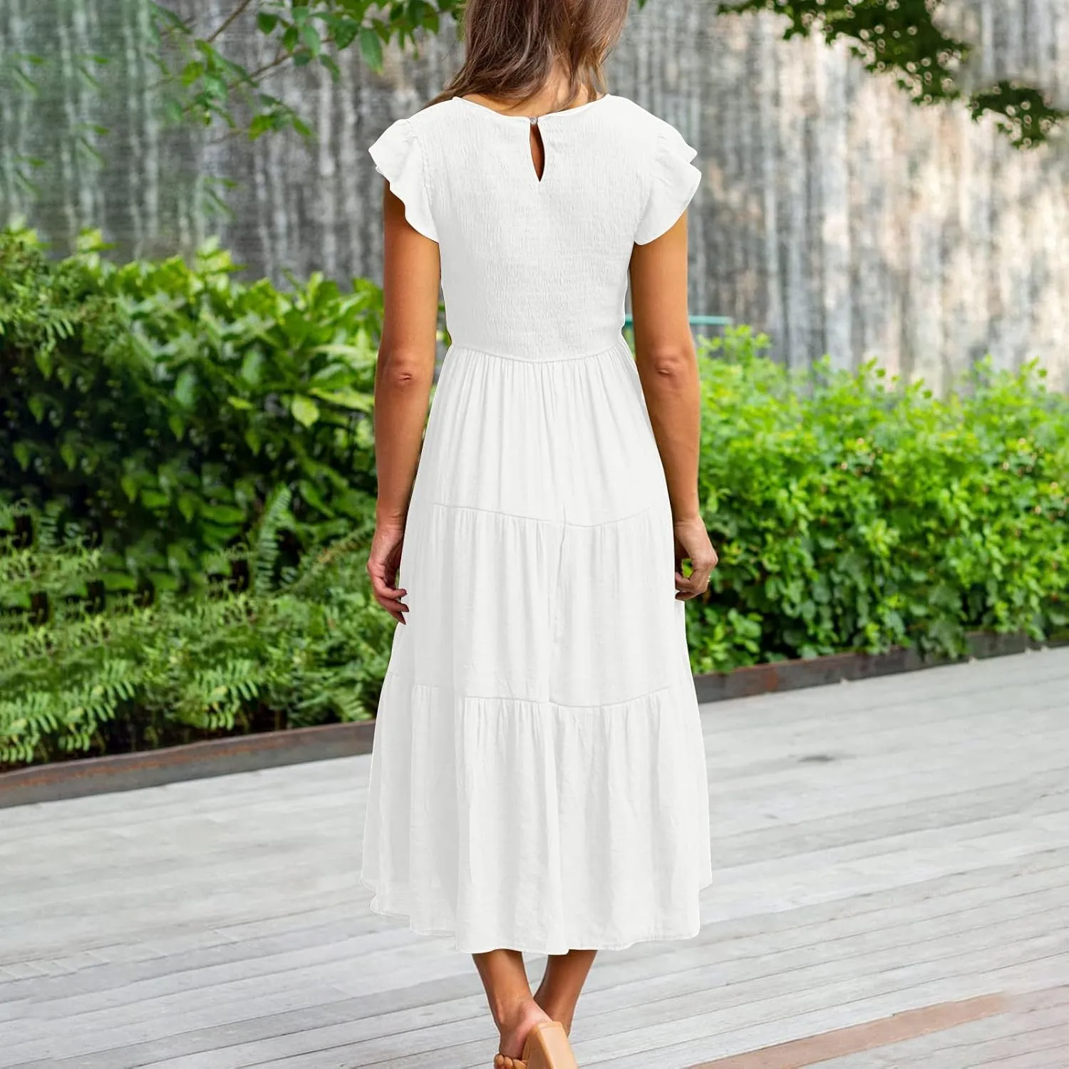 Women's 2025 Summer Boho Dress Crewneck Ruffle Sleeve Beach Vacation Midi Dresses Solid Flowy Sundress Cruise Clothes