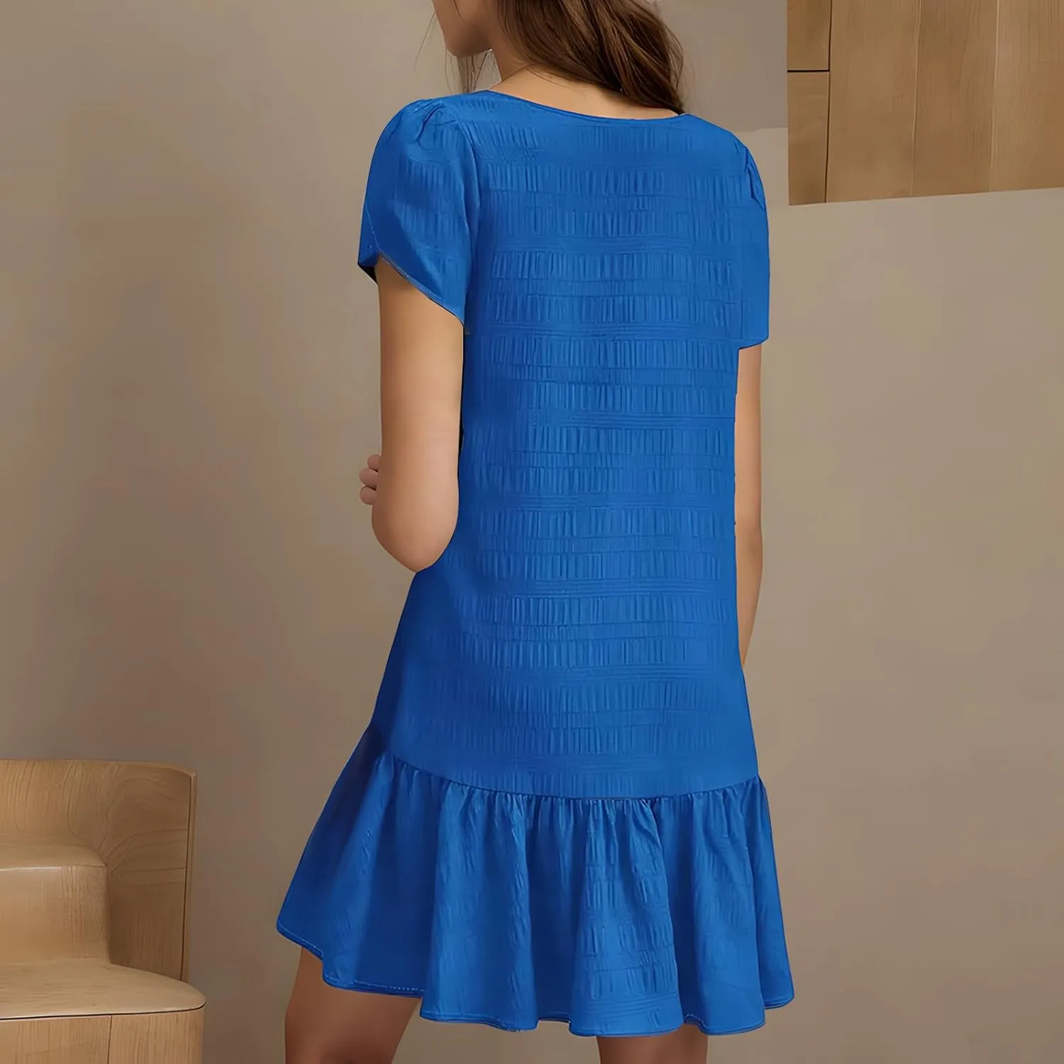 Womens 2025 Summer Boho Dresses Casual V Neck Flowy Beach Sundresses Rolled Short Sleeve Ruffle A Line Mini Dress