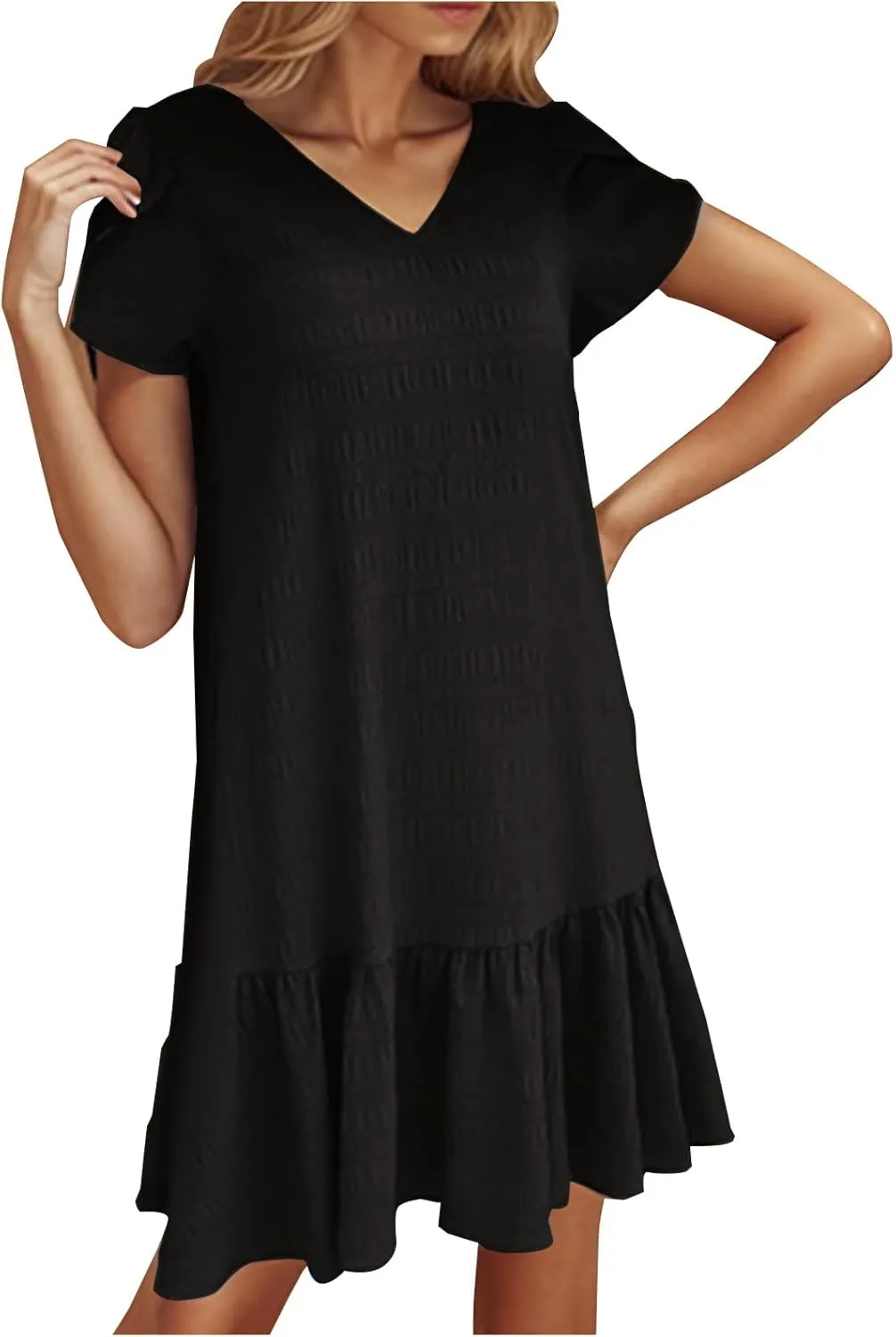 Womens 2025 Summer Boho Dresses Casual V Neck Flowy Beach Sundresses Rolled Short Sleeve Ruffle A Line Mini Dress