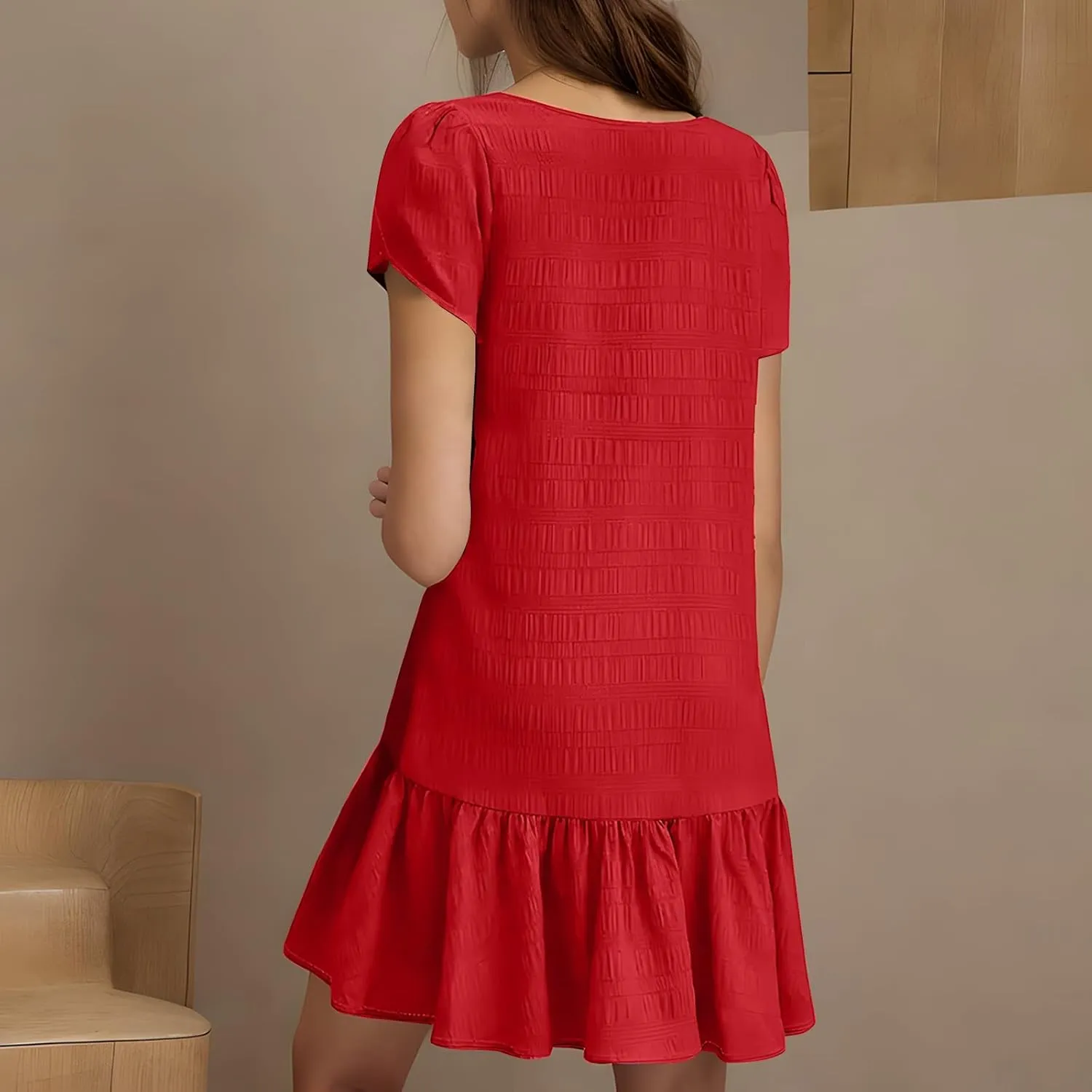 Womens 2025 Summer Boho Dresses Casual V Neck Flowy Beach Sundresses Rolled Short Sleeve Ruffle A Line Mini Dress