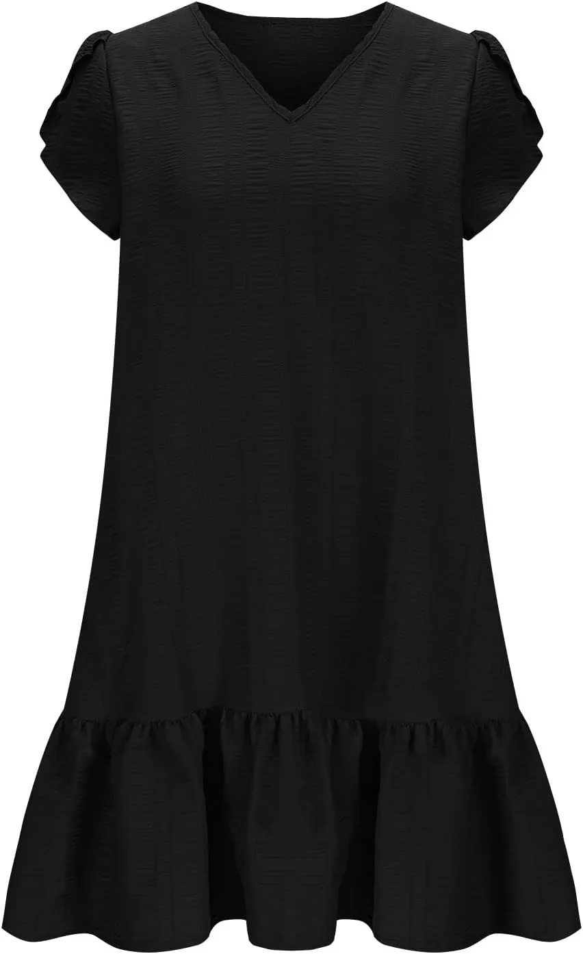 Womens 2025 Summer Boho Dresses Casual V Neck Flowy Beach Sundresses Rolled Short Sleeve Ruffle A Line Mini Dress
