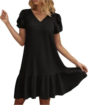 Womens 2025 Summer Boho Dresses Casual V Neck Flowy Beach Sundresses Rolled Short Sleeve Ruffle A Line Mini Dress