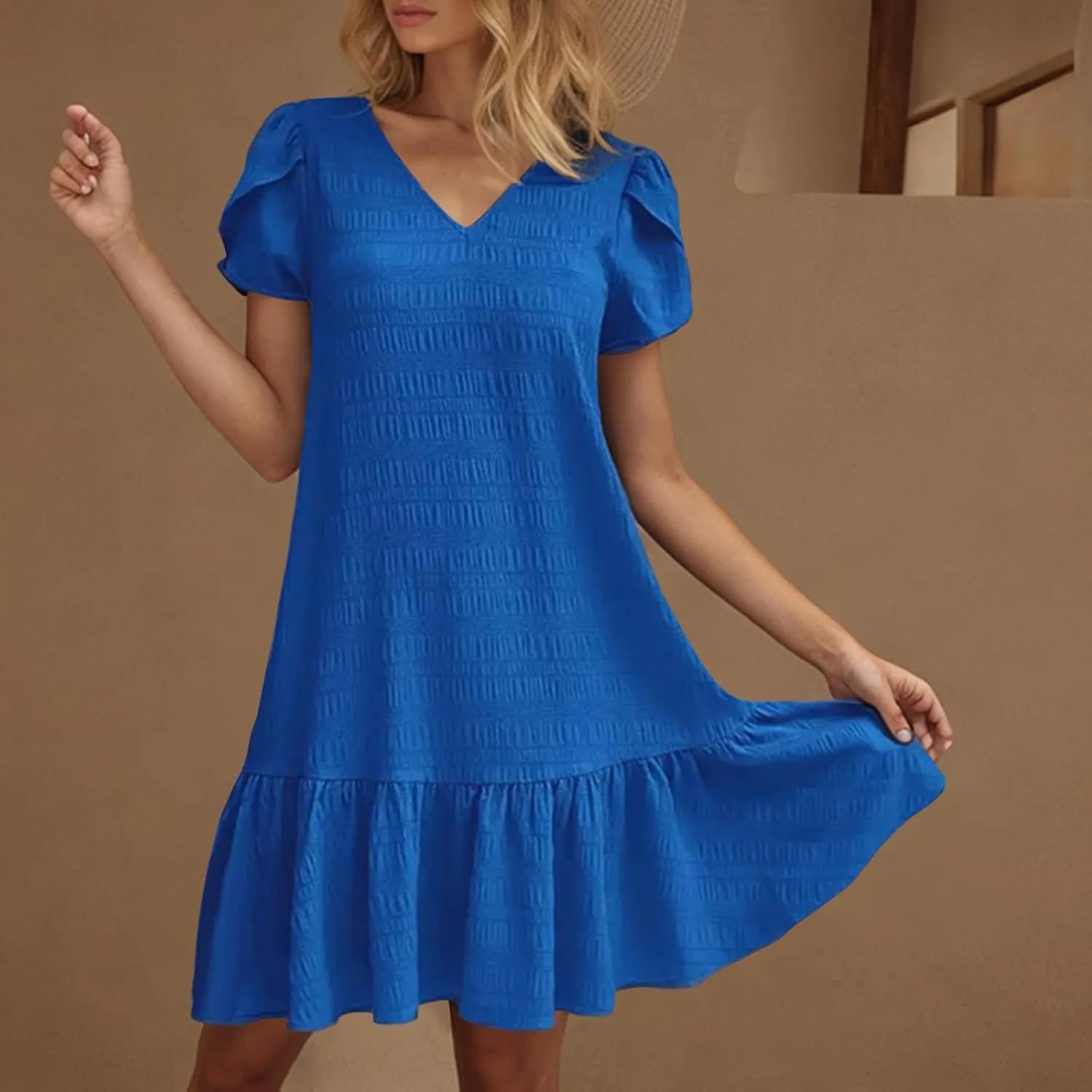 Womens 2025 Summer Boho Dresses Casual V Neck Flowy Beach Sundresses Rolled Short Sleeve Ruffle A Line Mini Dress