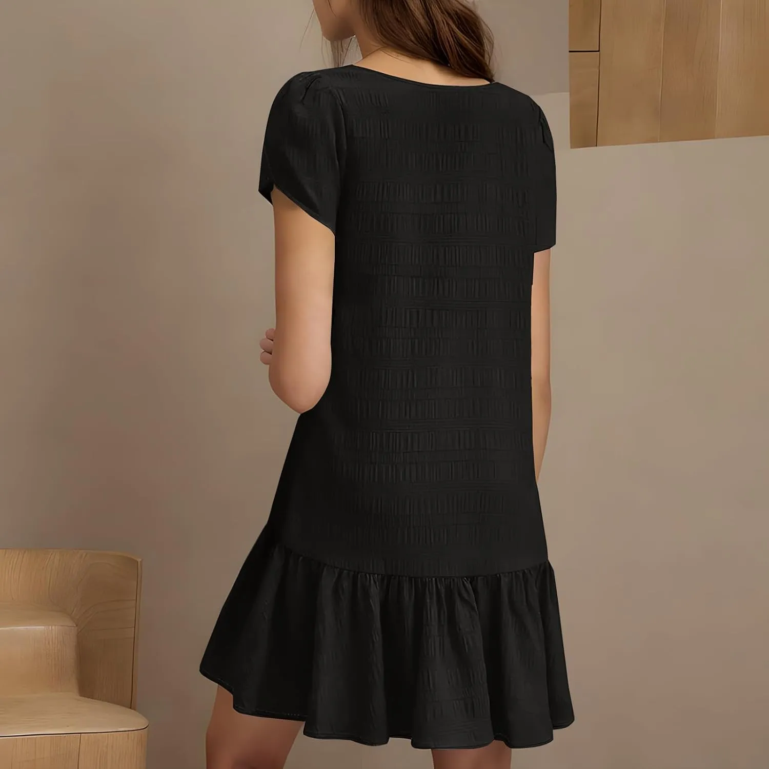 Womens 2025 Summer Boho Dresses Casual V Neck Flowy Beach Sundresses Rolled Short Sleeve Ruffle A Line Mini Dress