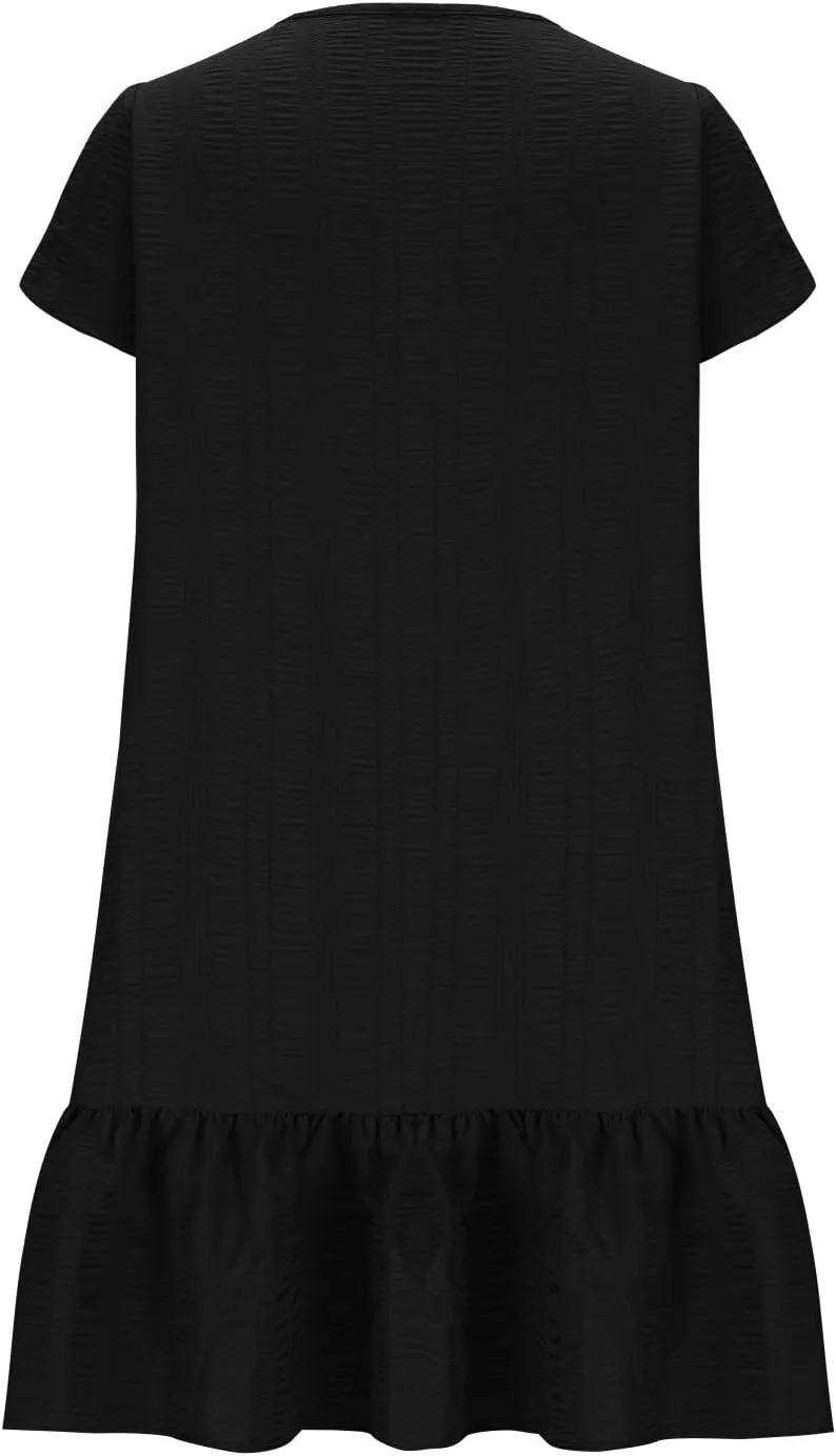 Womens 2025 Summer Boho Dresses Casual V Neck Flowy Beach Sundresses Rolled Short Sleeve Ruffle A Line Mini Dress
