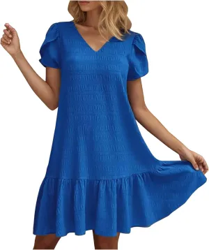 Womens 2025 Summer Boho Dresses Casual V Neck Flowy Beach Sundresses Rolled Short Sleeve Ruffle A Line Mini Dress