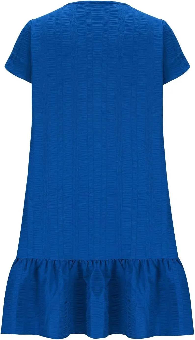 Womens 2025 Summer Boho Dresses Casual V Neck Flowy Beach Sundresses Rolled Short Sleeve Ruffle A Line Mini Dress