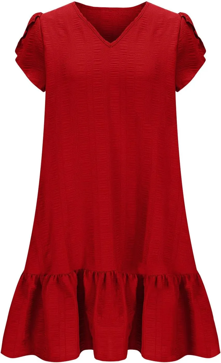 Womens 2025 Summer Boho Dresses Casual V Neck Flowy Beach Sundresses Rolled Short Sleeve Ruffle A Line Mini Dress