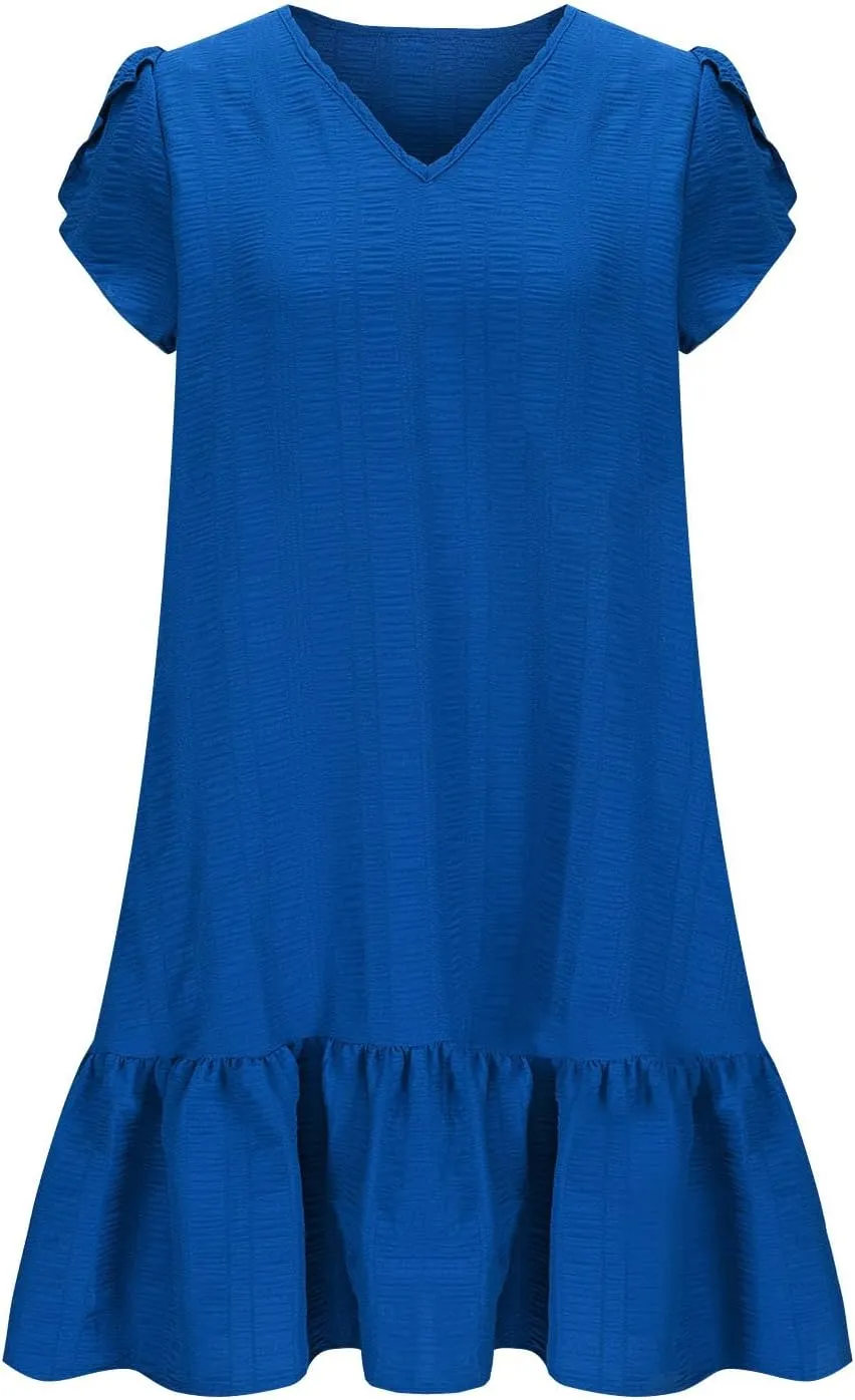 Womens 2025 Summer Boho Dresses Casual V Neck Flowy Beach Sundresses Rolled Short Sleeve Ruffle A Line Mini Dress