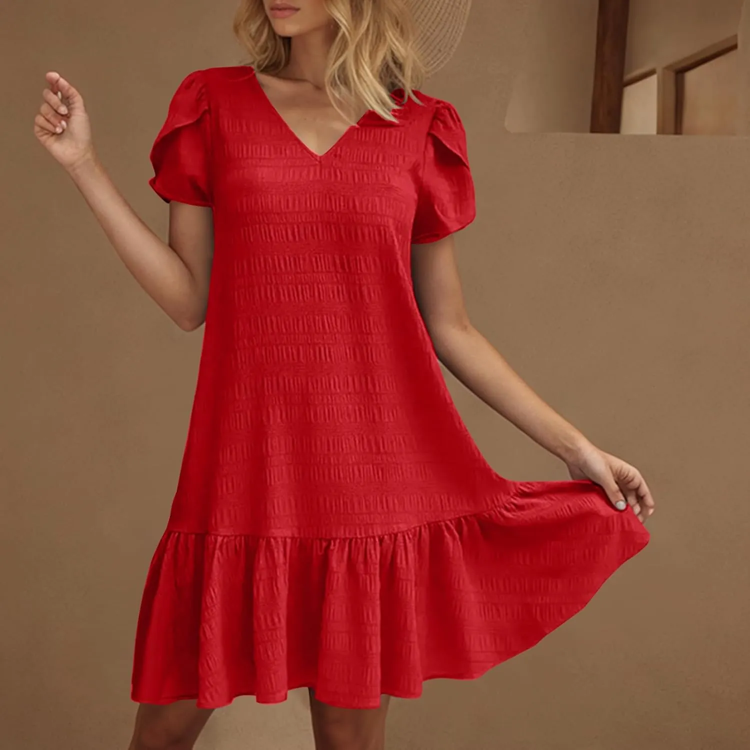 Womens 2025 Summer Boho Dresses Casual V Neck Flowy Beach Sundresses Rolled Short Sleeve Ruffle A Line Mini Dress