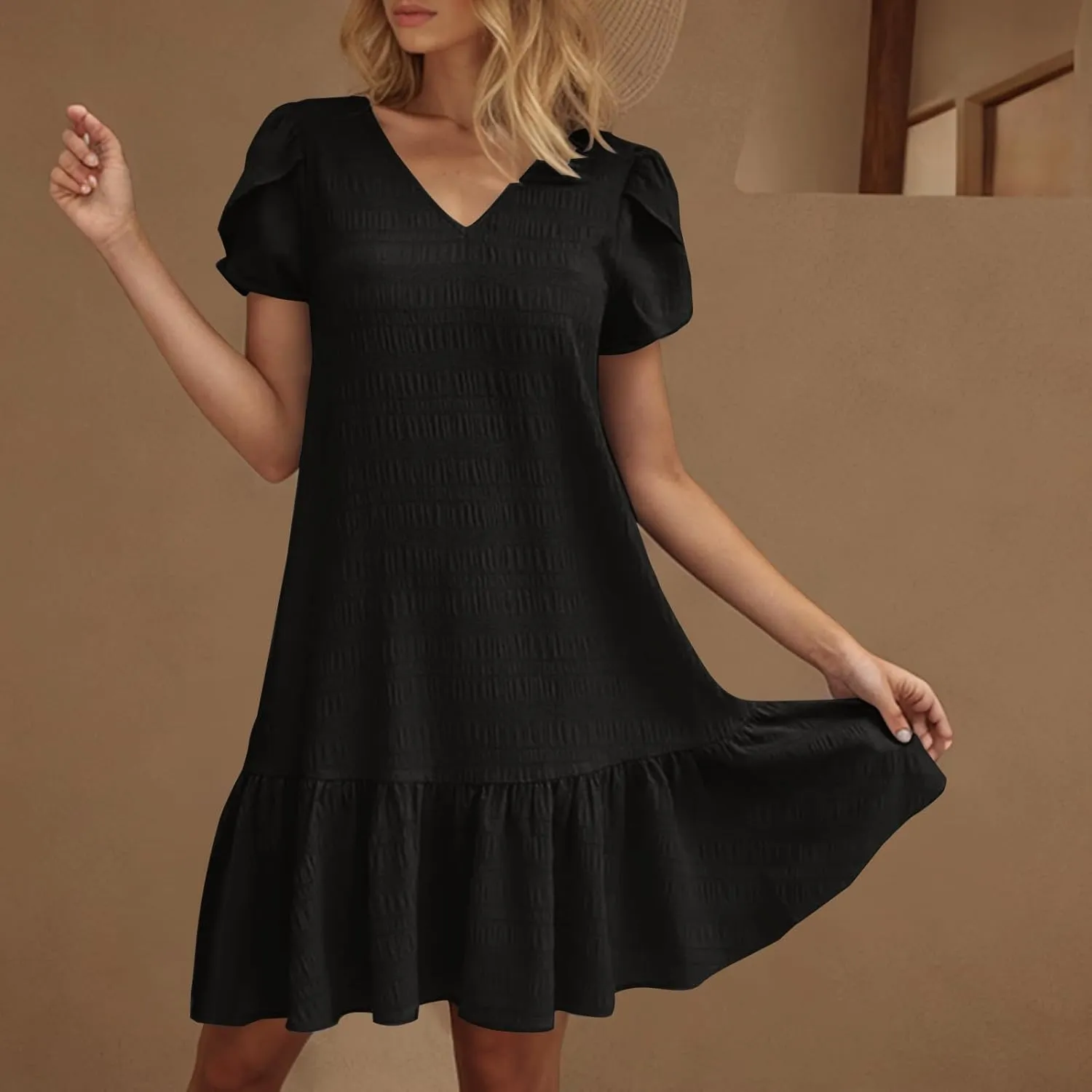 Womens 2025 Summer Boho Dresses Casual V Neck Flowy Beach Sundresses Rolled Short Sleeve Ruffle A Line Mini Dress
