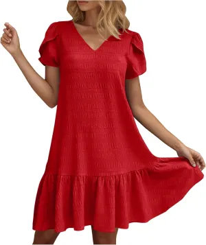 Womens 2025 Summer Boho Dresses Casual V Neck Flowy Beach Sundresses Rolled Short Sleeve Ruffle A Line Mini Dress