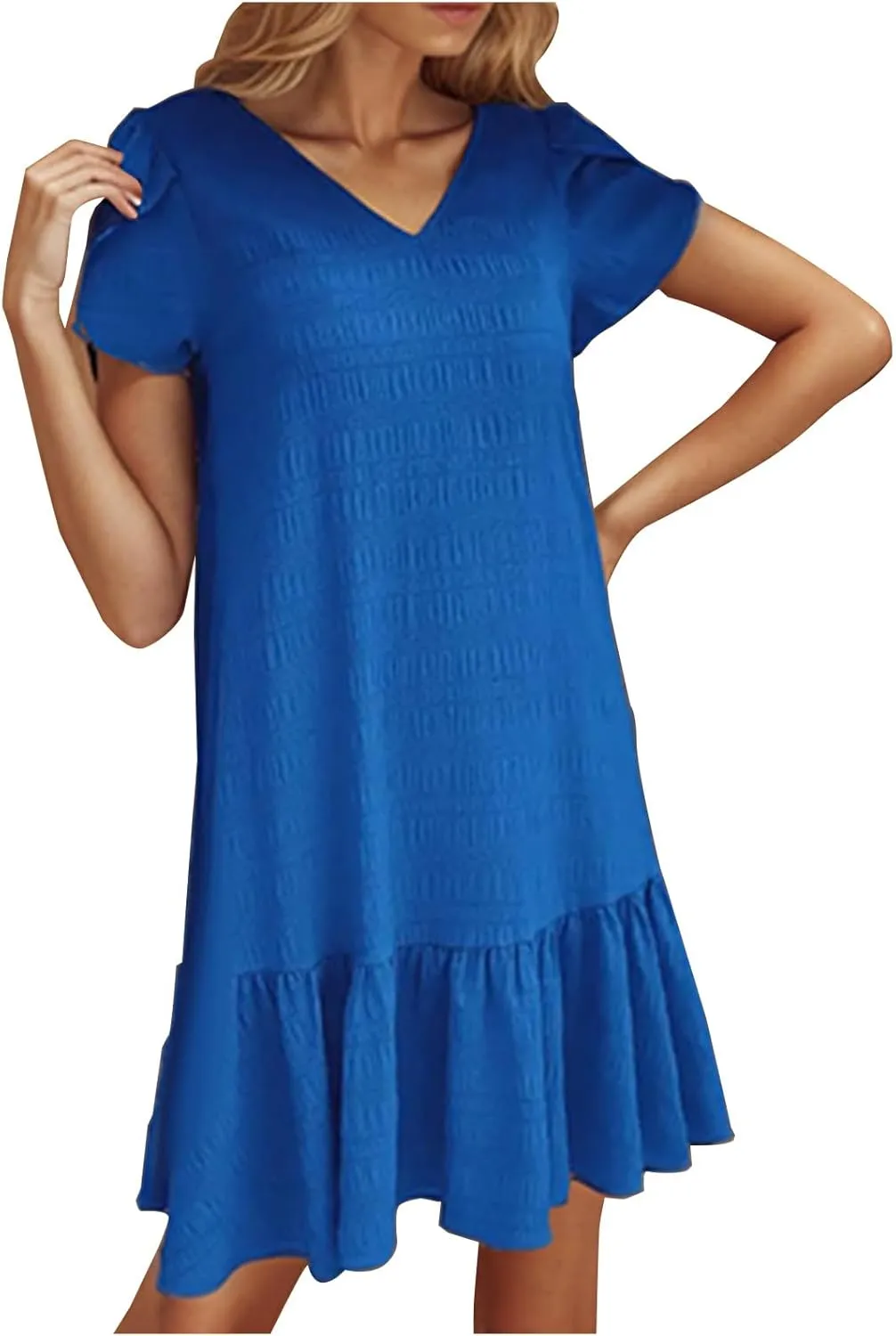 Womens 2025 Summer Boho Dresses Casual V Neck Flowy Beach Sundresses Rolled Short Sleeve Ruffle A Line Mini Dress