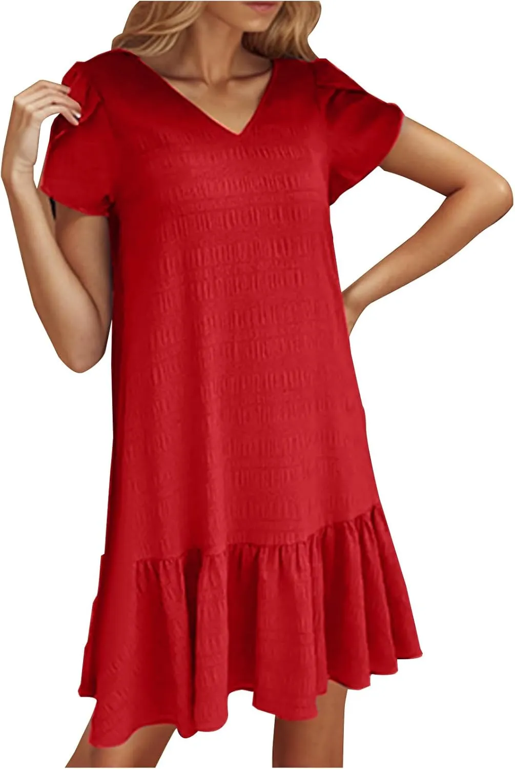 Womens 2025 Summer Boho Dresses Casual V Neck Flowy Beach Sundresses Rolled Short Sleeve Ruffle A Line Mini Dress