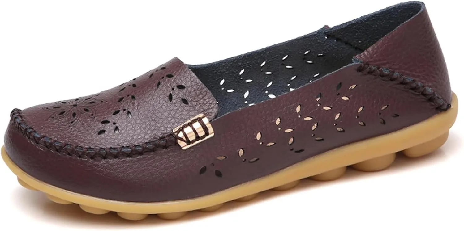 Womens Boat Shoes Casual Breathable Loafers for Walking Slip On Nurse Shoes Comfortable Flat Sandals Hollow Out Faux Leather Summer Shoe for All Day Wear