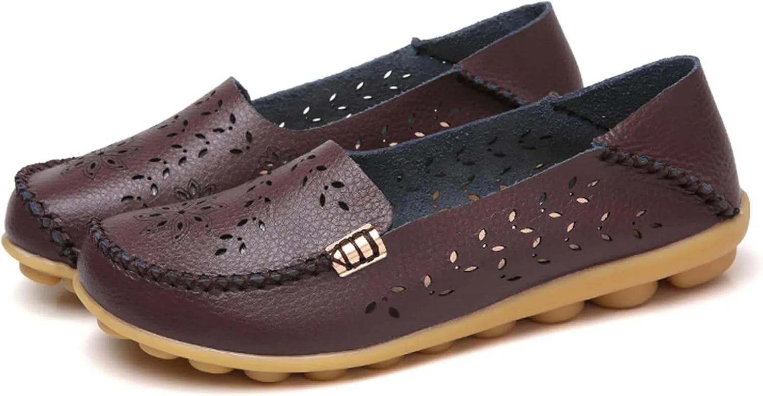 Womens Boat Shoes Casual Breathable Loafers for Walking Slip On Nurse Shoes Comfortable Flat Sandals Hollow Out Faux Leather Summer Shoe for All Day Wear