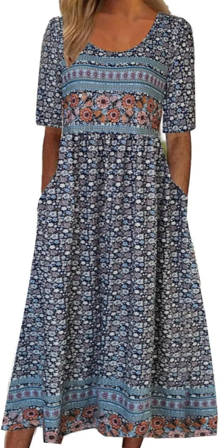 Women's Boho Dress Floral Flowy A Line Swing Casual Long Dress 3/4 Puff Sleeve Midi Loose Summer Beach Dresses with Pockets