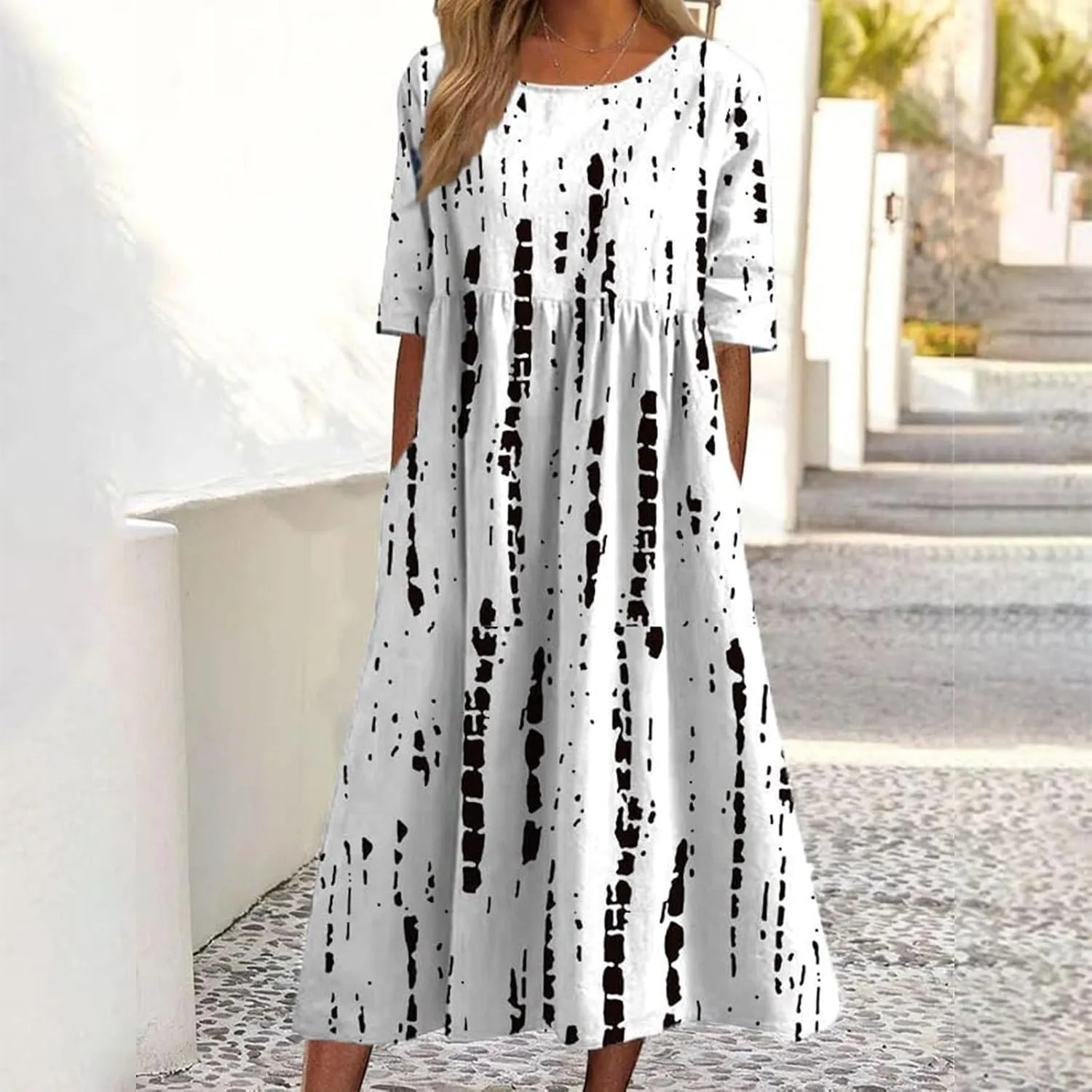 Women's Boho Dress Floral Flowy A Line Swing Casual Long Dress 3/4 Puff Sleeve Midi Loose Summer Beach Dresses with Pockets
