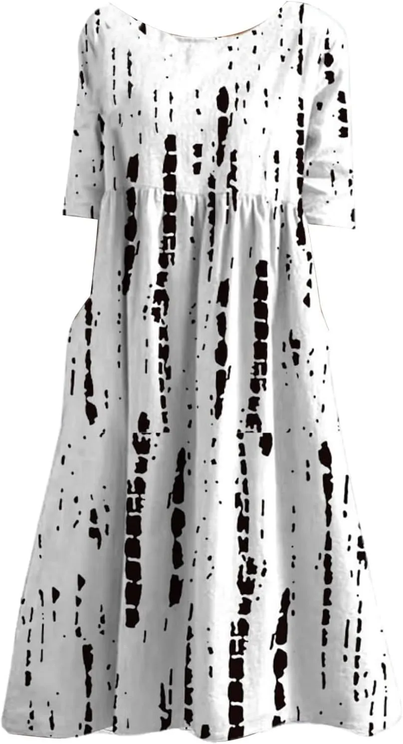 Women's Boho Dress Floral Flowy A Line Swing Casual Long Dress 3/4 Puff Sleeve Midi Loose Summer Beach Dresses with Pockets