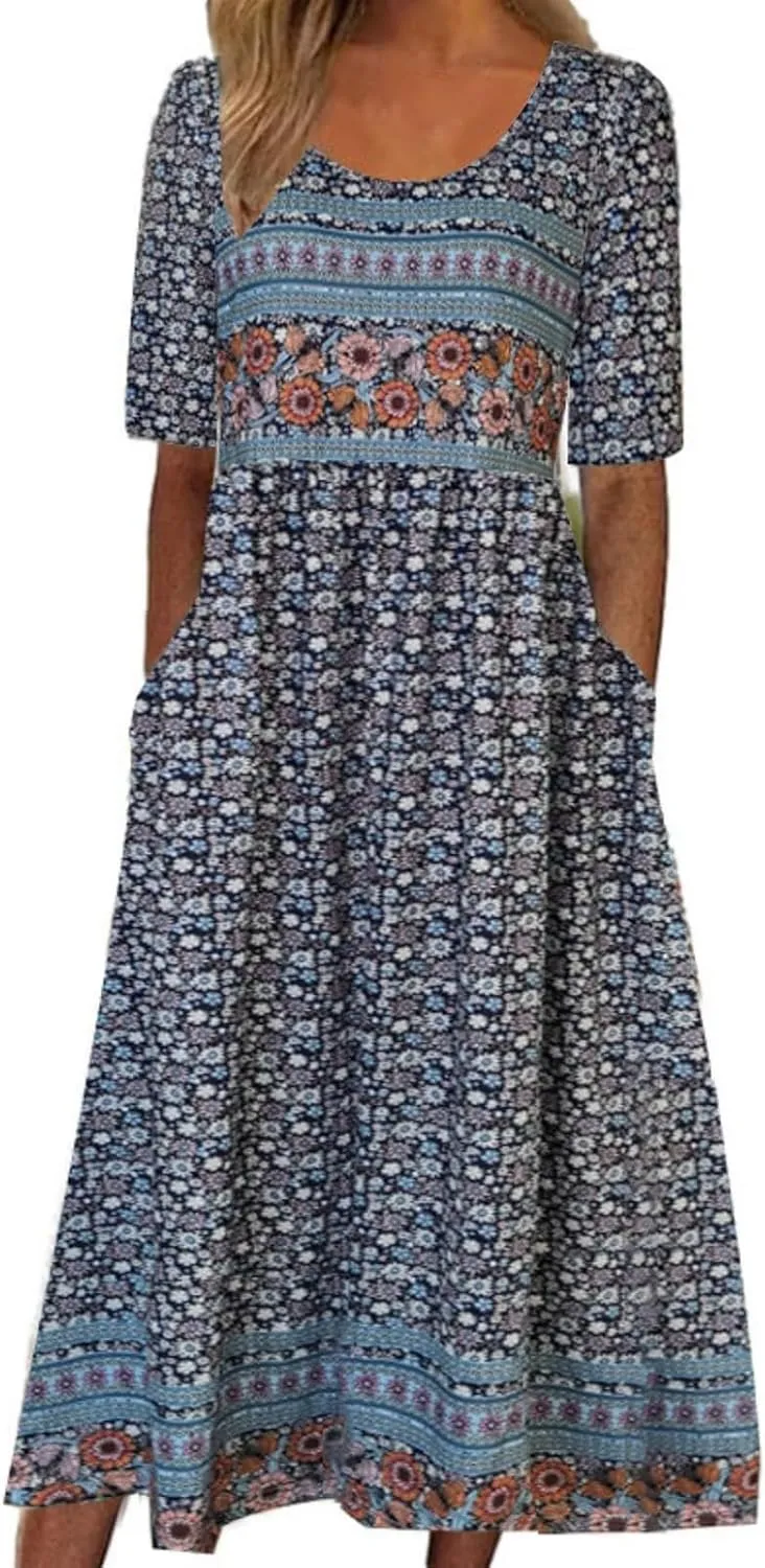 Women's Boho Dress Floral Flowy A Line Swing Casual Long Dress 3/4 Puff Sleeve Midi Loose Summer Beach Dresses with Pockets