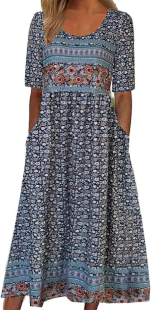 Women's Boho Dress Floral Flowy A Line Swing Casual Long Dress 3/4 Puff Sleeve Midi Loose Summer Beach Dresses with Pockets