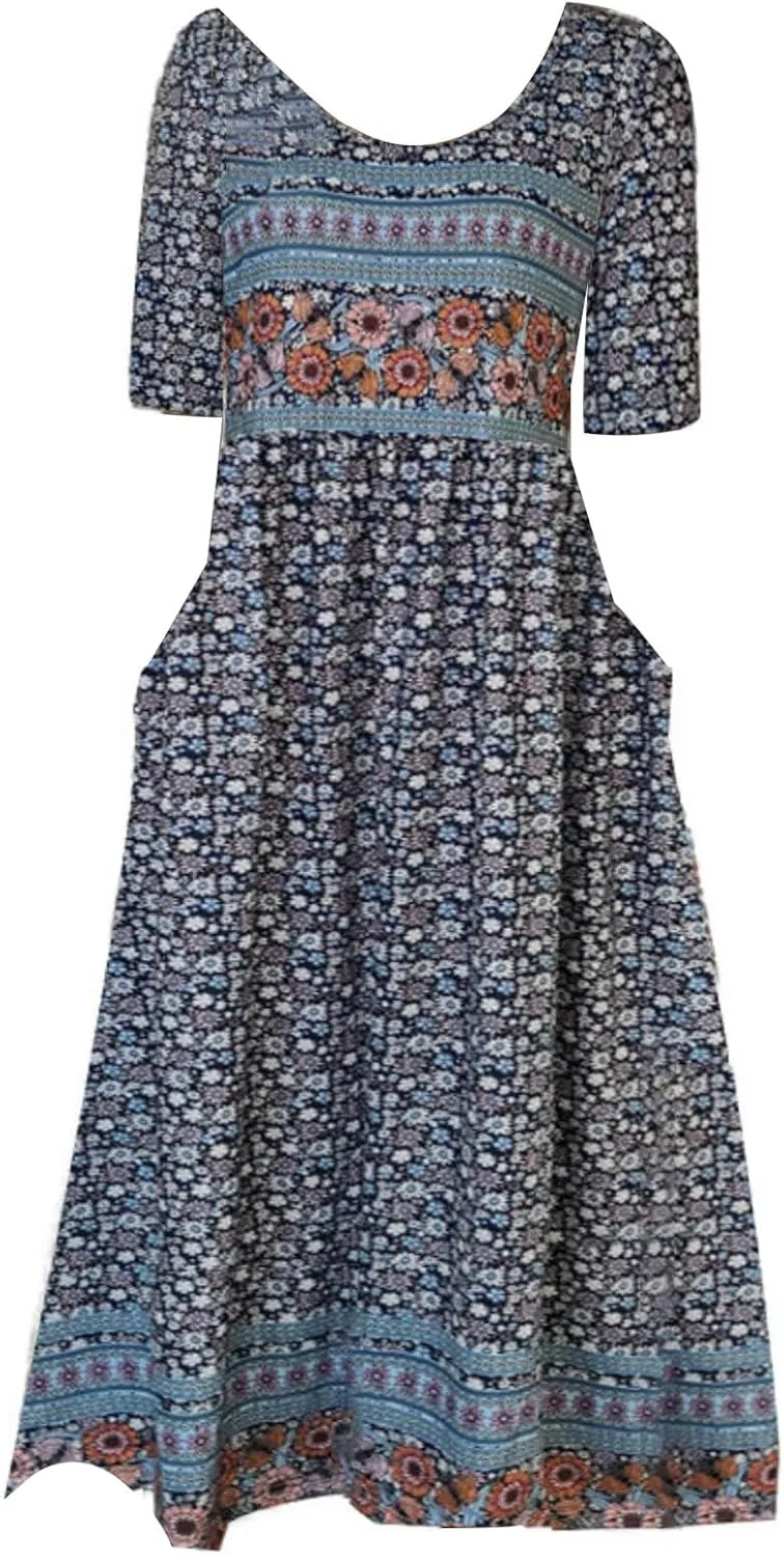Women's Boho Dress Floral Flowy A Line Swing Casual Long Dress 3/4 Puff Sleeve Midi Loose Summer Beach Dresses with Pockets