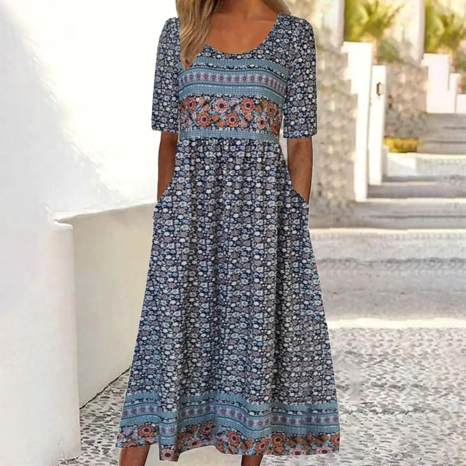 Women's Boho Dress Floral Flowy A Line Swing Casual Long Dress 3/4 Puff Sleeve Midi Loose Summer Beach Dresses with Pockets
