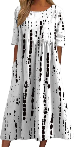 Women's Boho Dress Floral Flowy A Line Swing Casual Long Dress 3/4 Puff Sleeve Midi Loose Summer Beach Dresses with Pockets