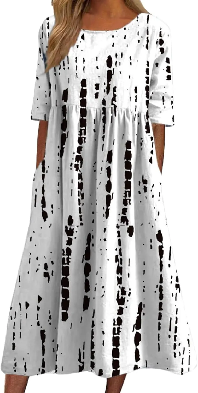 Women's Boho Dress Floral Flowy A Line Swing Casual Long Dress 3/4 Puff Sleeve Midi Loose Summer Beach Dresses with Pockets