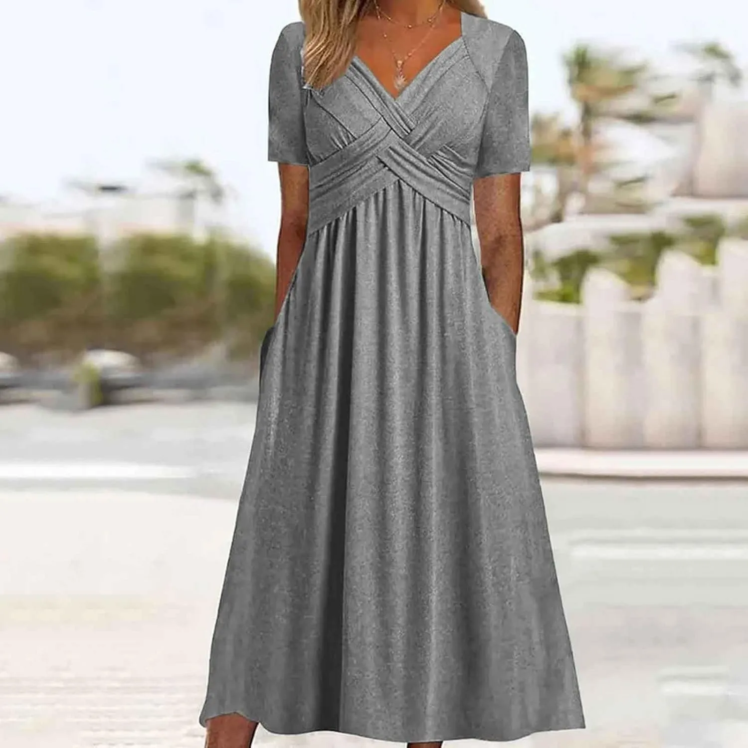 Women's Boho Floral Flowy A Line Midi Dress Casual Summer Short Sleeve Beach Vacation Dresses with Pockets