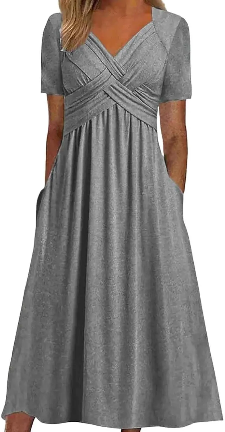 Women's Boho Floral Flowy A Line Midi Dress Casual Summer Short Sleeve Beach Vacation Dresses with Pockets