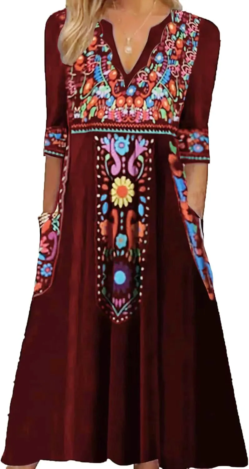 Women's Boho Floral Maxi Dress, Elegant V-Neck 3/4 Sleeve Boho Casual Dress with Pockets for Women