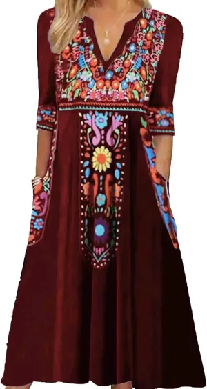 Women's Boho Floral Maxi Dress, Elegant V-Neck 3/4 Sleeve Boho Casual Dress with Pockets for Women